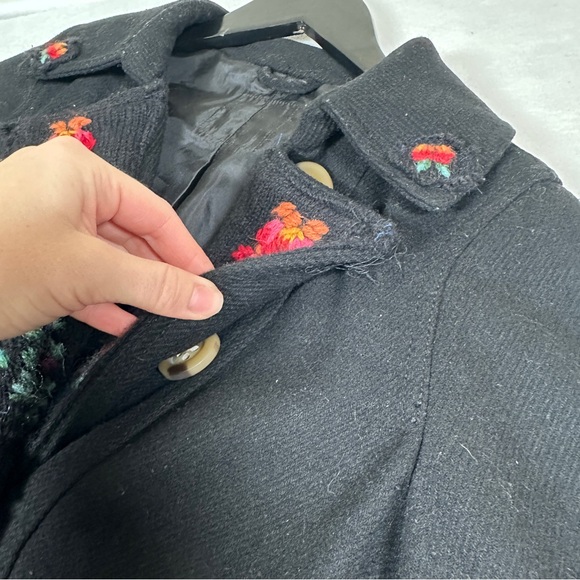 Black wool Trench Coat Floral Embroidery grandma cottagecore long button pink - Picture 6 of 9